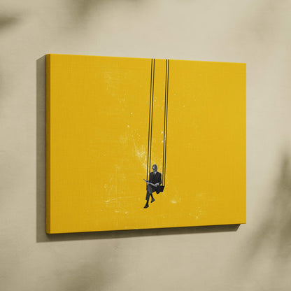 Vibrant yellow canvas wall art featuring a minimalist black silhouette of a business man swinging on ropes