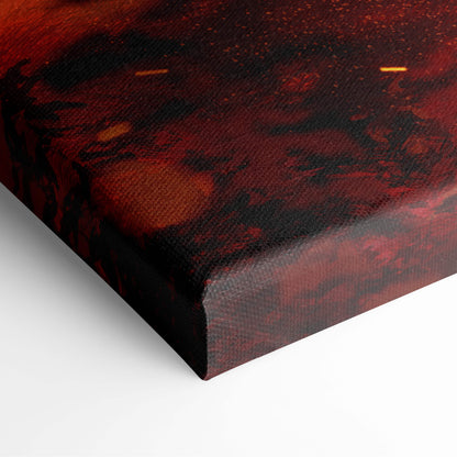 A textured canvas print of a fiery red and black demon titan showdown with glowing orange accents and a dark fantasy theme
