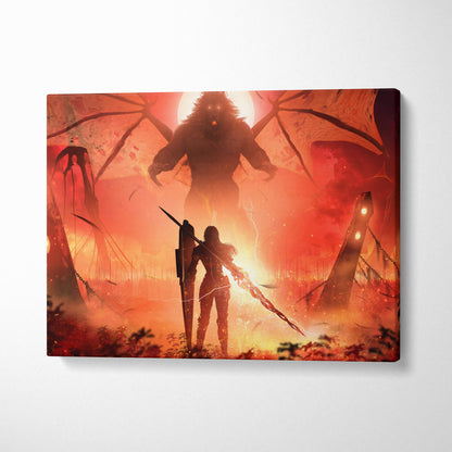 A rectangular canvas print depicting a dark fantasy warrior with glowing sword against a fiery red apocalypse sky