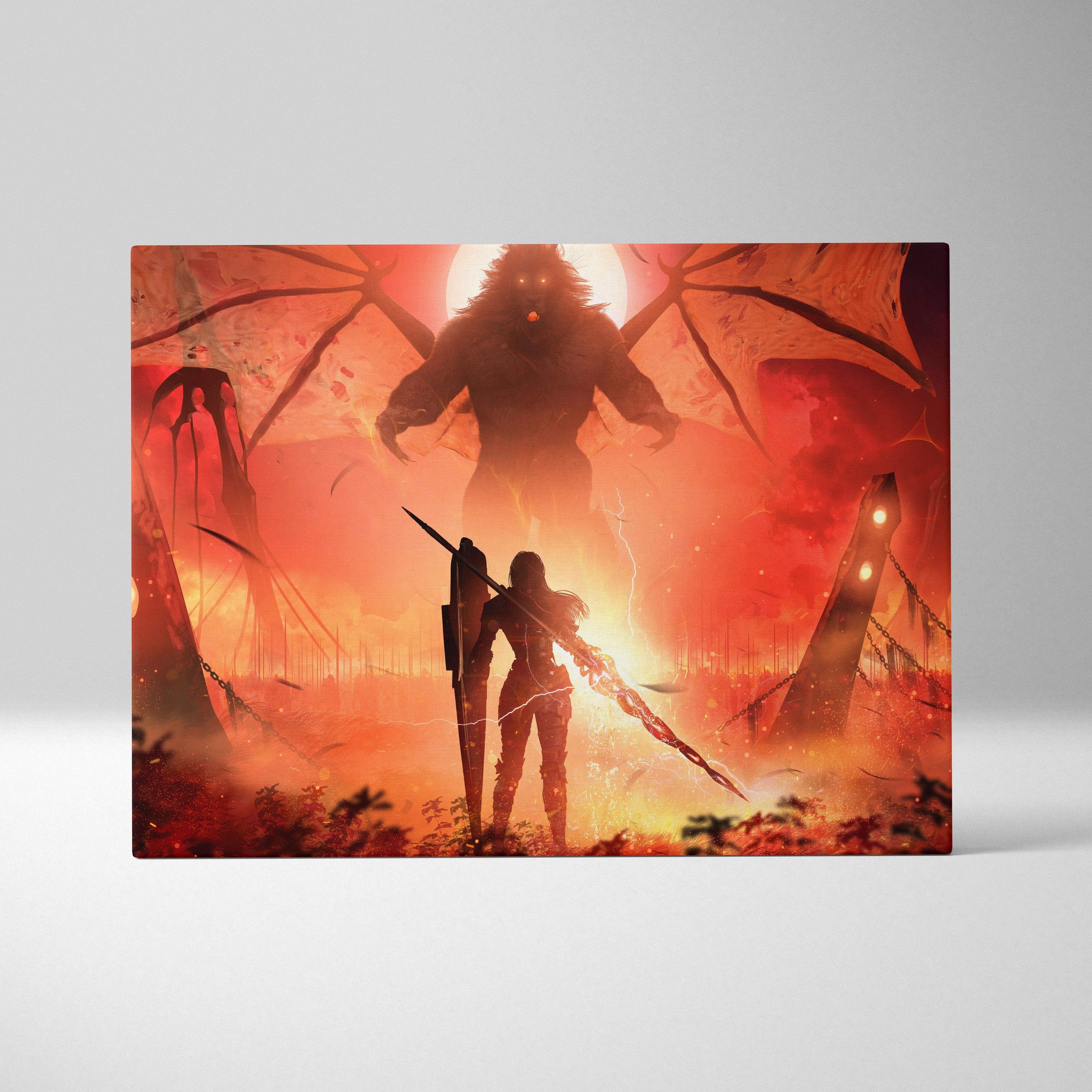 A rectangular canvas print of demon titan showdown with fiery red sky and a warrior battling a winged beast