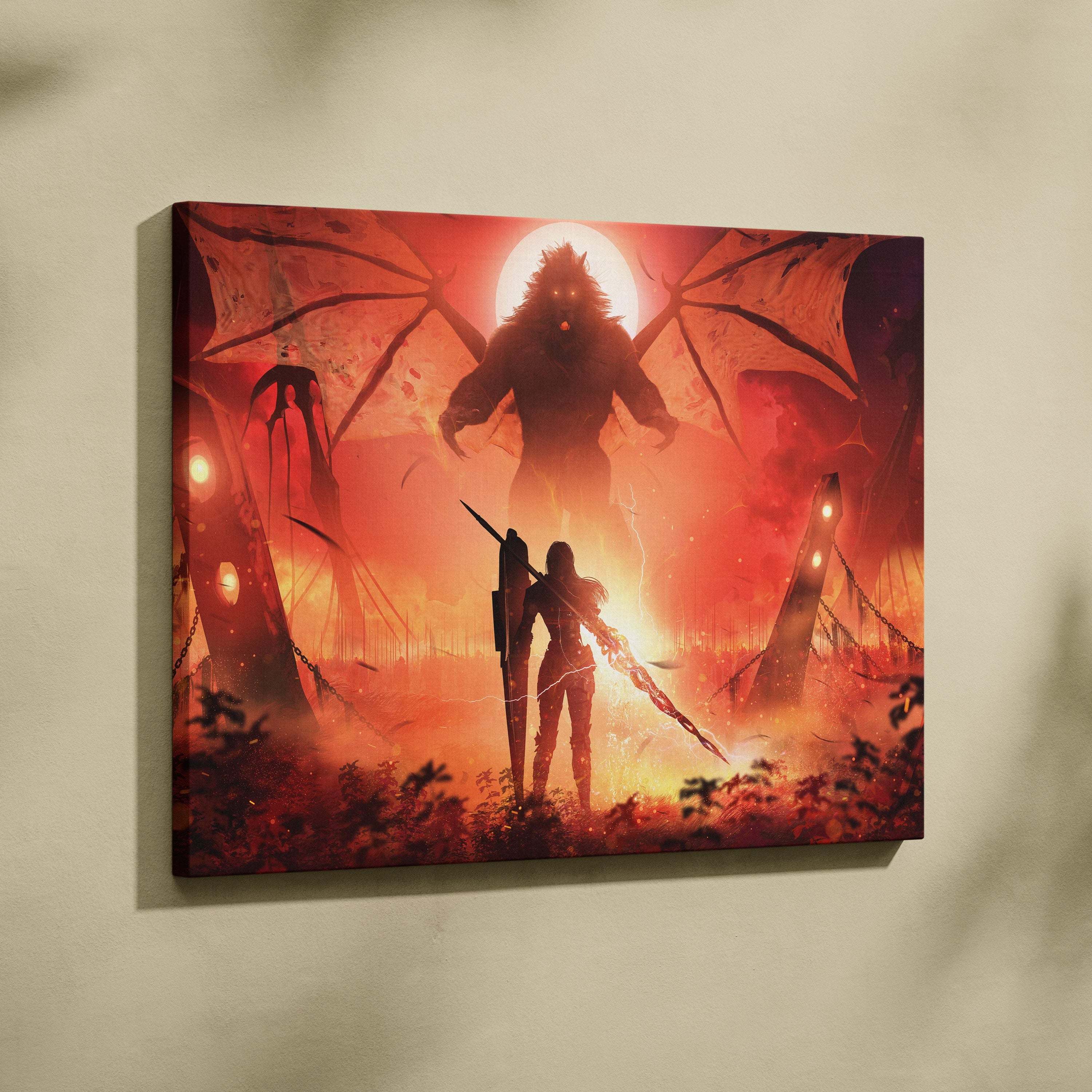 Demon titan showdown canvas art of a lone warrior with glowing sword facing a winged beast against red fiery sky
