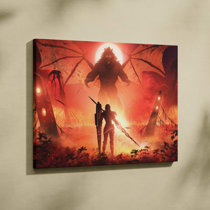 Demon titan showdown canvas art of a lone warrior with glowing sword facing a winged beast against red fiery sky