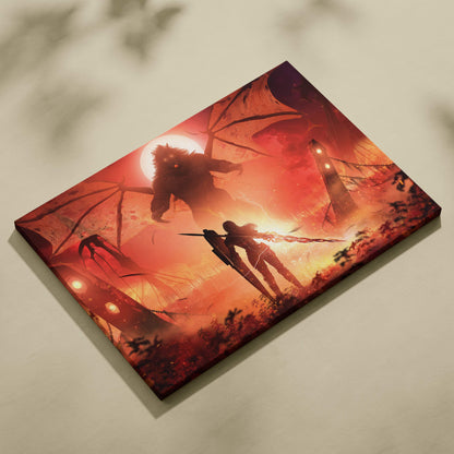 A vibrant red and orange fantasy canvas print showing a warrior confronting a winged demon titan under a glowing moon