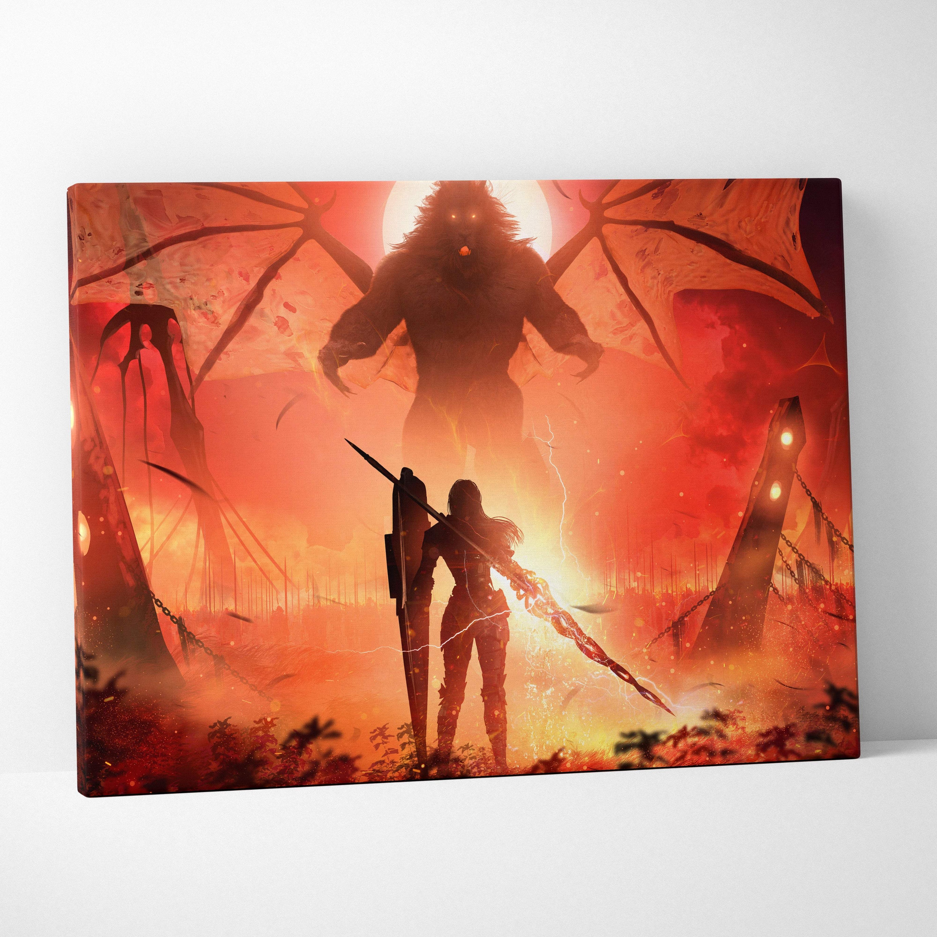 Dark fantasy warrior versus winged demon titan canvas art with fiery red apocalypse sky and glowing energy sword wall decor