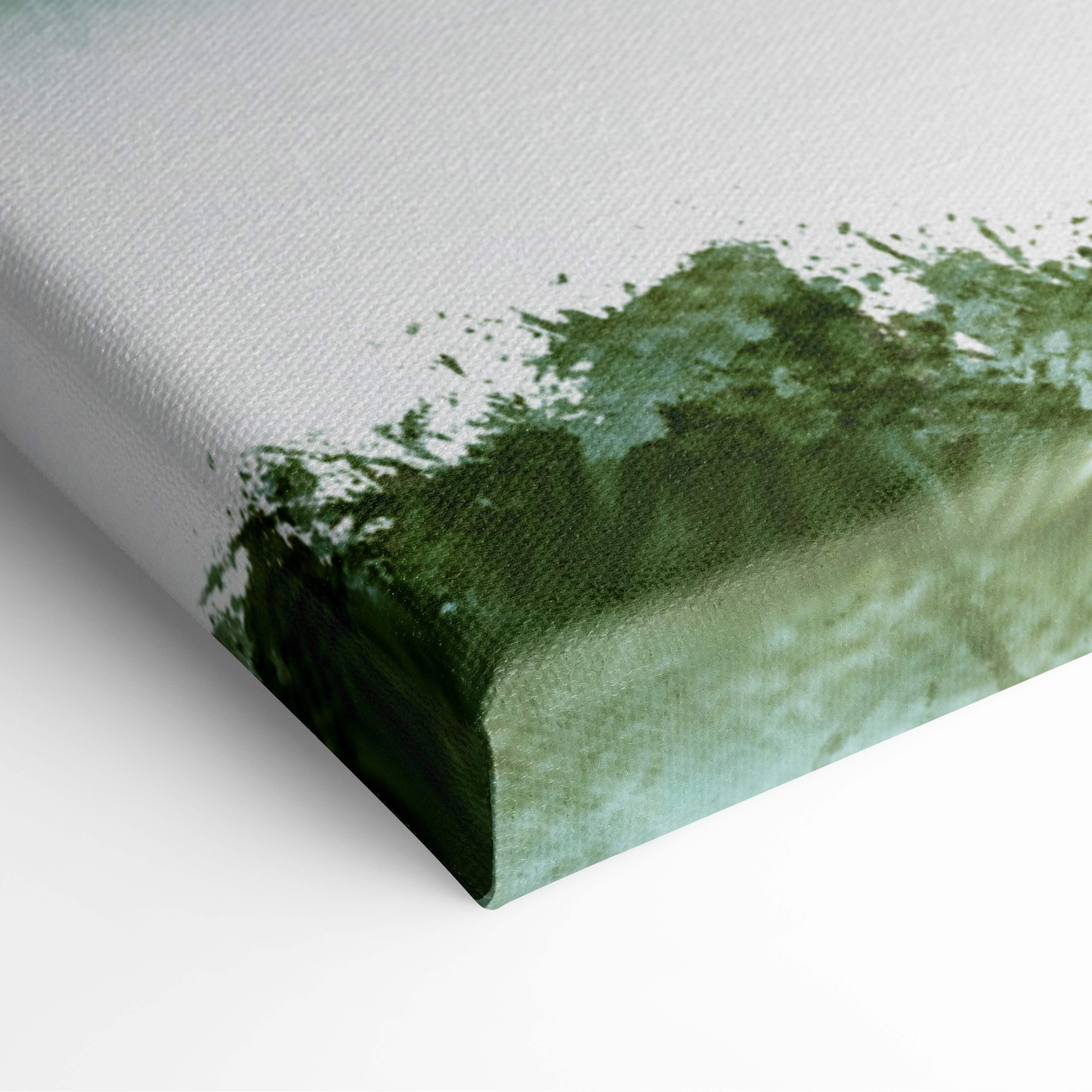 Green misty mountain lake canvas wall art with textured deep green and teal abstract splash on white background