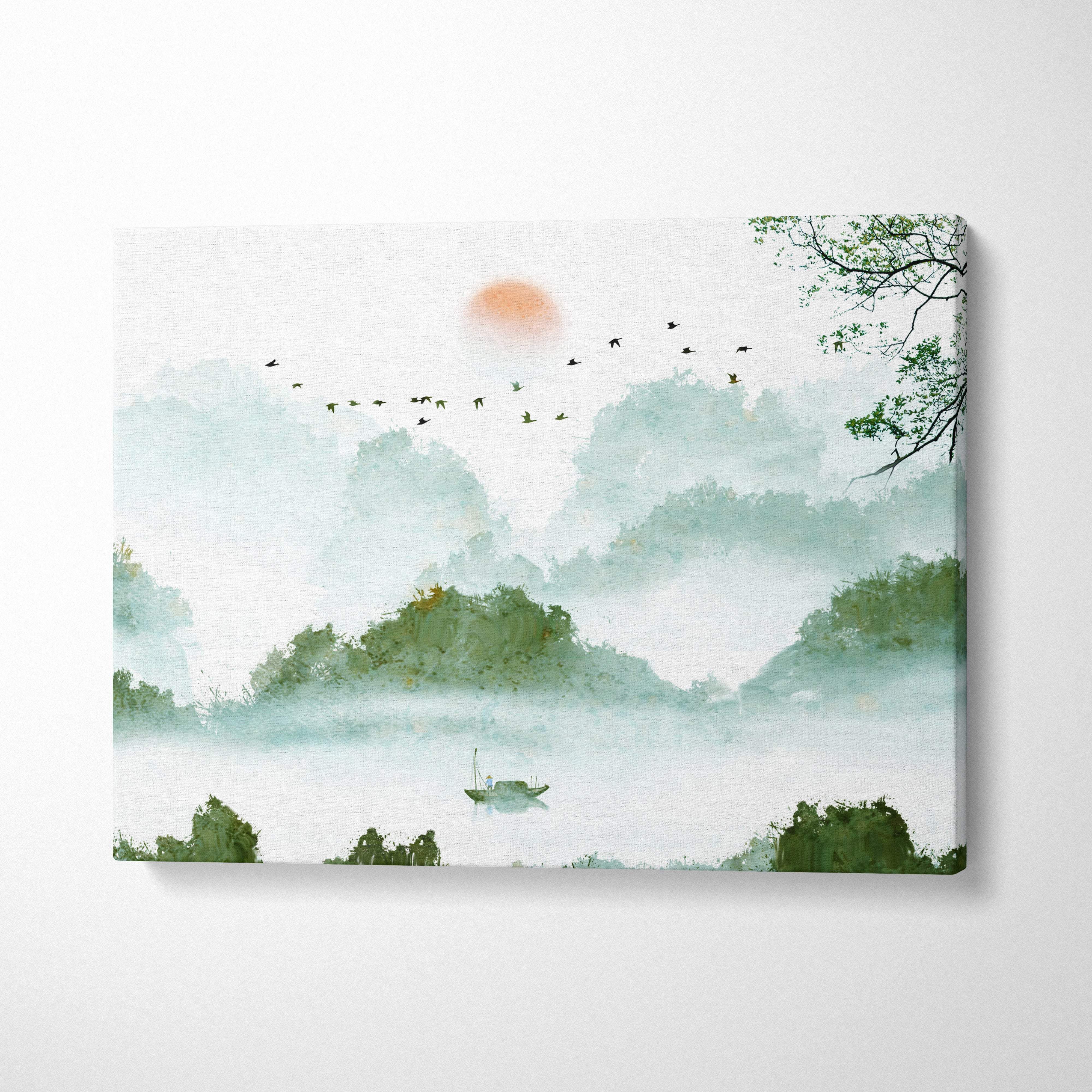 Green misty mountain lake canvas wall art with misty mountains and a boat on a tranquil lake under soft orange sun