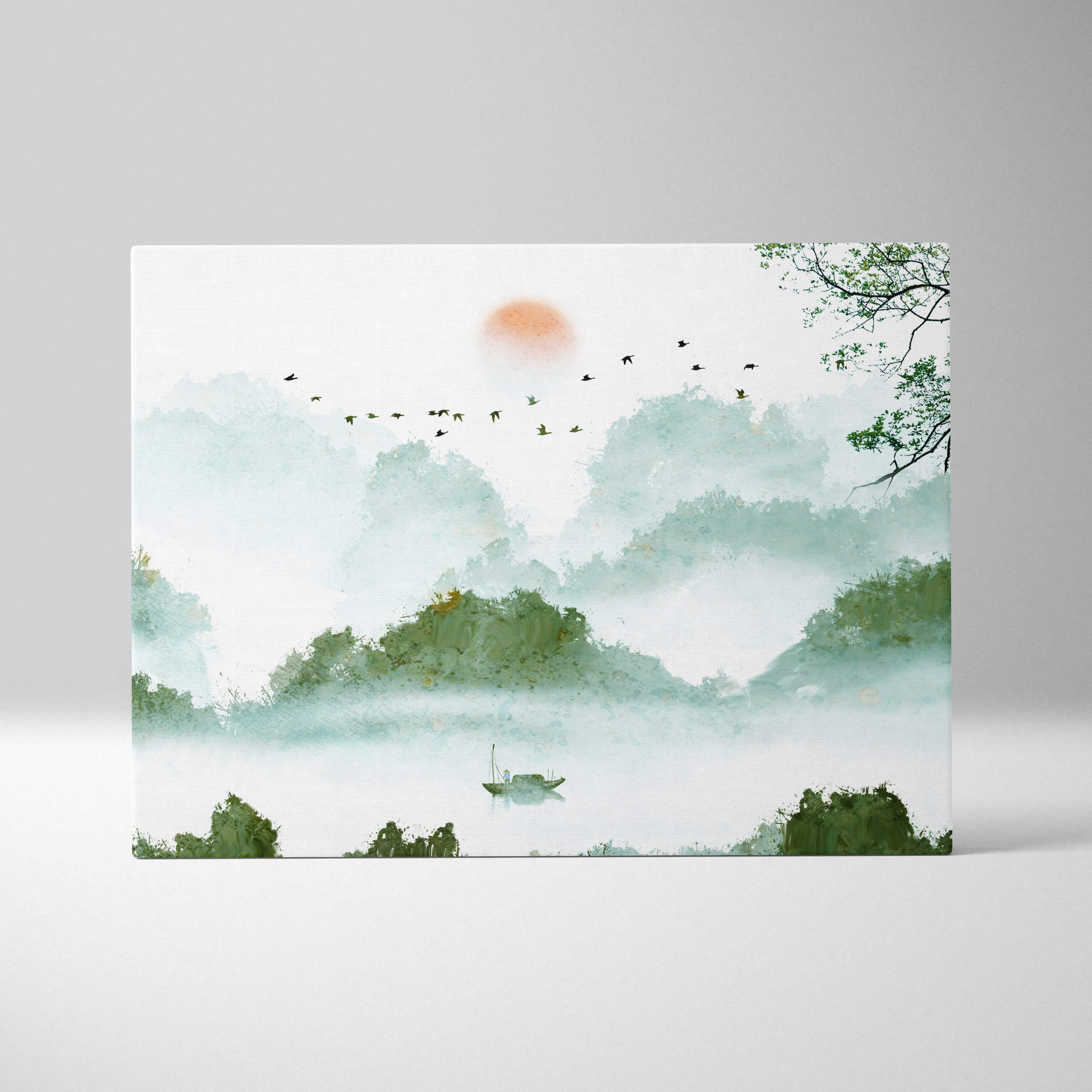 Rectangular canvas wall art with green misty hills, soft asian watercolor style, boat on calm lake beneath orange sun