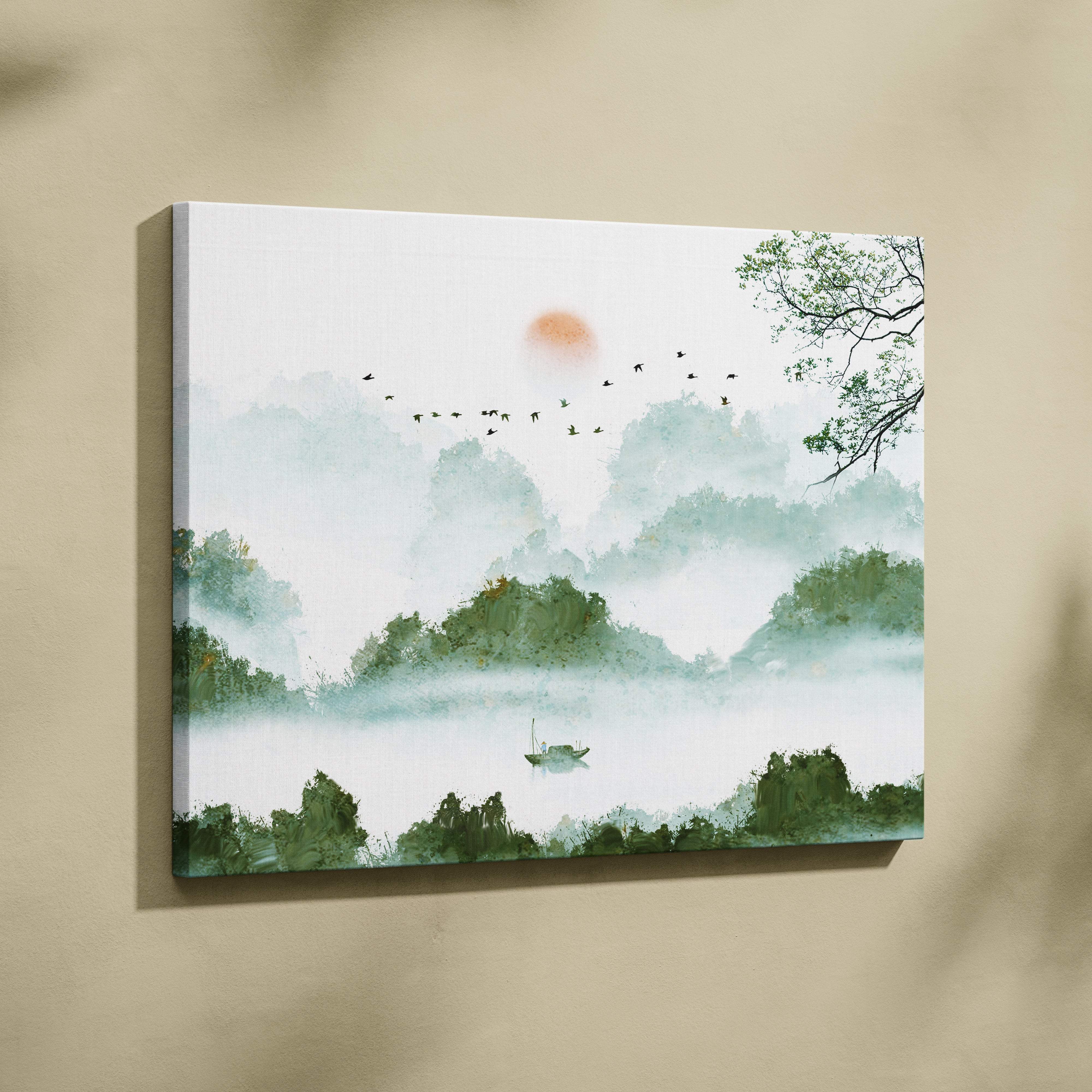Green misty mountain lake canvas wall art of misty green hills with a boat and birds in a soft asian watercolor style