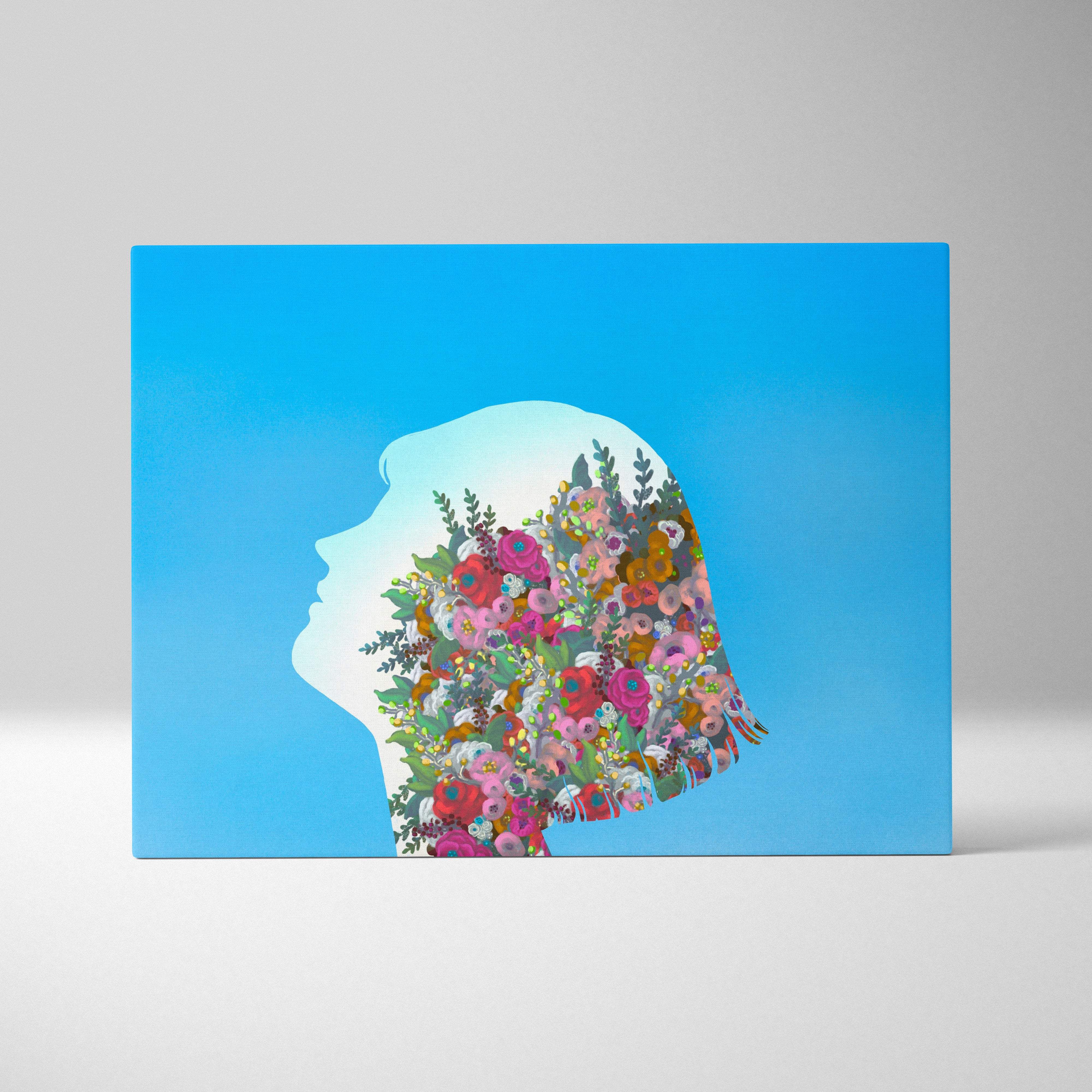 Contemporary floral woman canvas wall art with a colorful flower hair portrait on blue botanical profile background