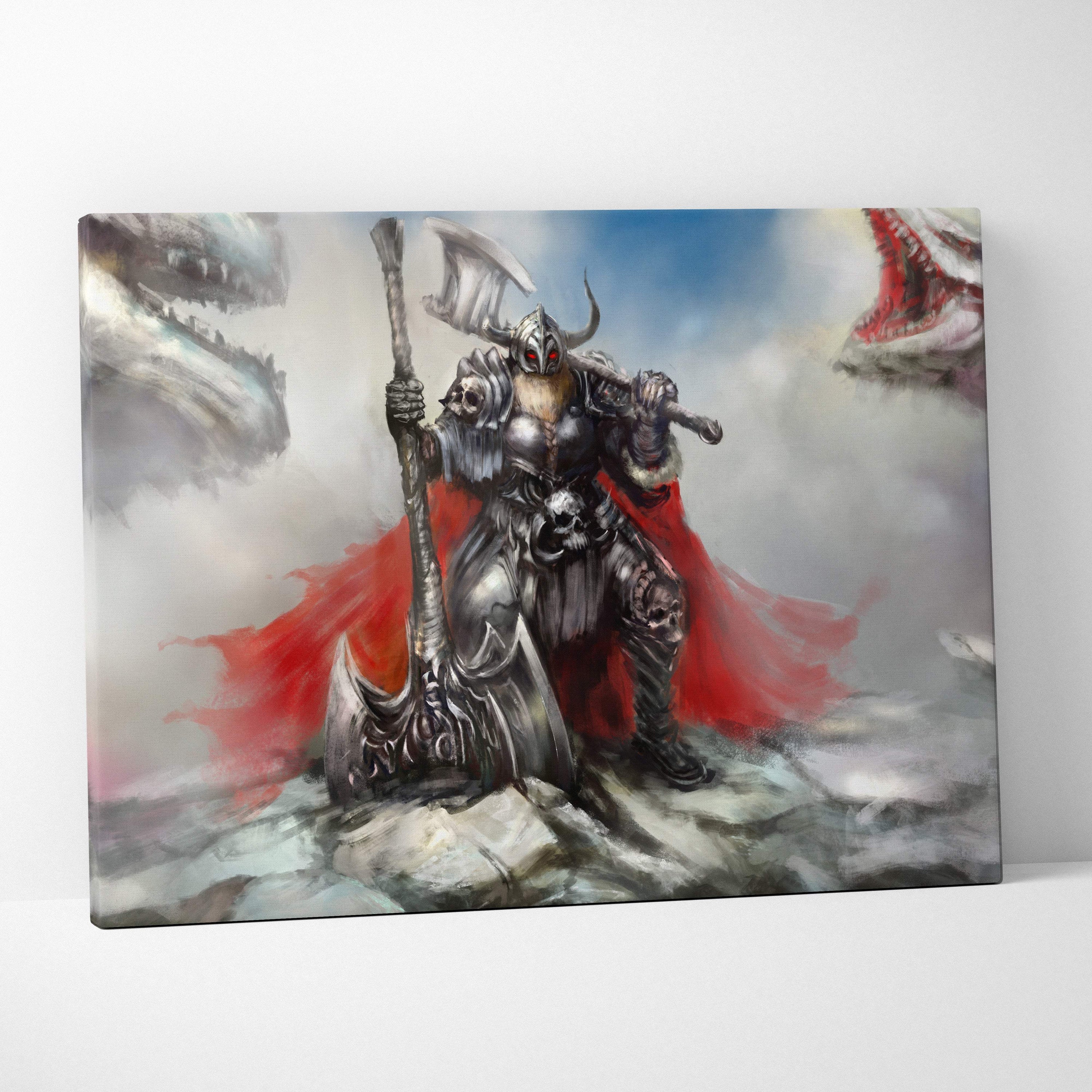 A framed viking warrior canvas print with a red cape and silver armor facing two dragons in dark fantasy style