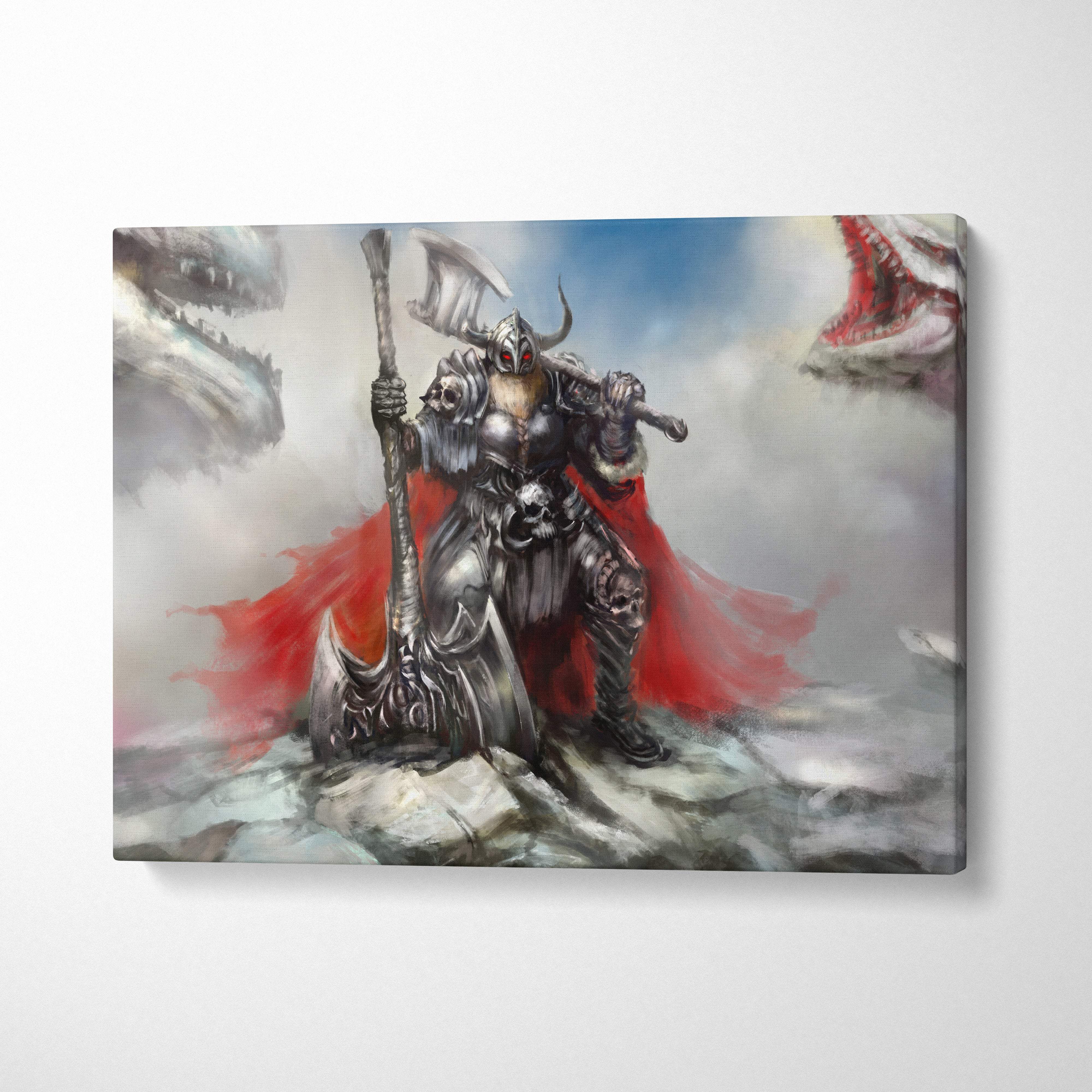 Viking warrior canvas print featuring a warrior in silver armor with red cape amid stormy skies and monster jaws