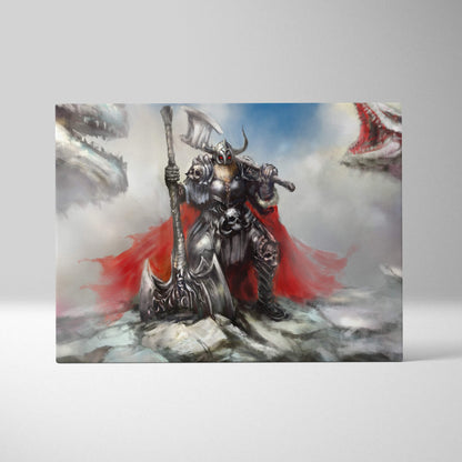 A framed canvas print of a viking warrior in silver armor with red cape fighting two dragons in dark fantasy style