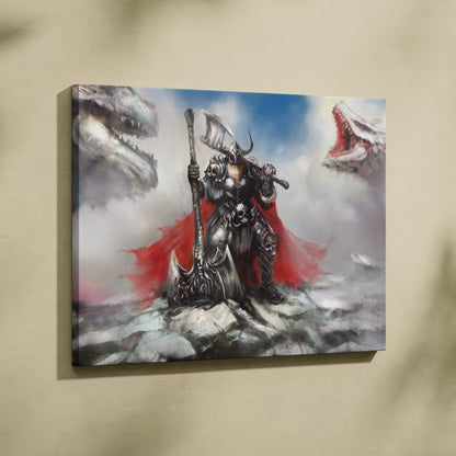 Viking warrior canvas print featuring a black and red armored warrior with a red cape and two white dragons on rocky terrain