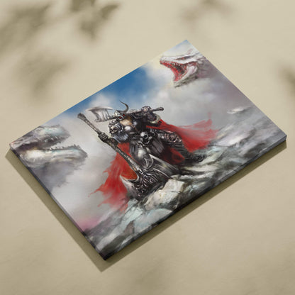 Viking warrior canvas print showing an armored warrior with a red cape battling dragons in dark fantasy style