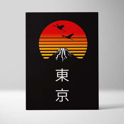 Black canvas print of tokyo sunset featuring stylized mount fuji and two cranes with orange and red stripes