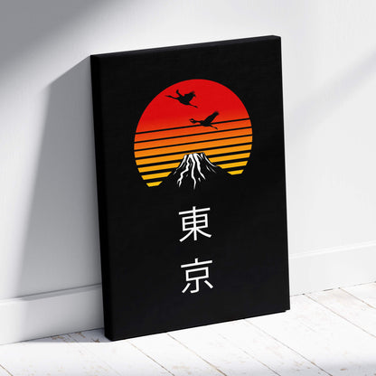 Black canvas print of tokyo sunset featuring stylized orange and red mount fuji with two birds for bedroom wall art