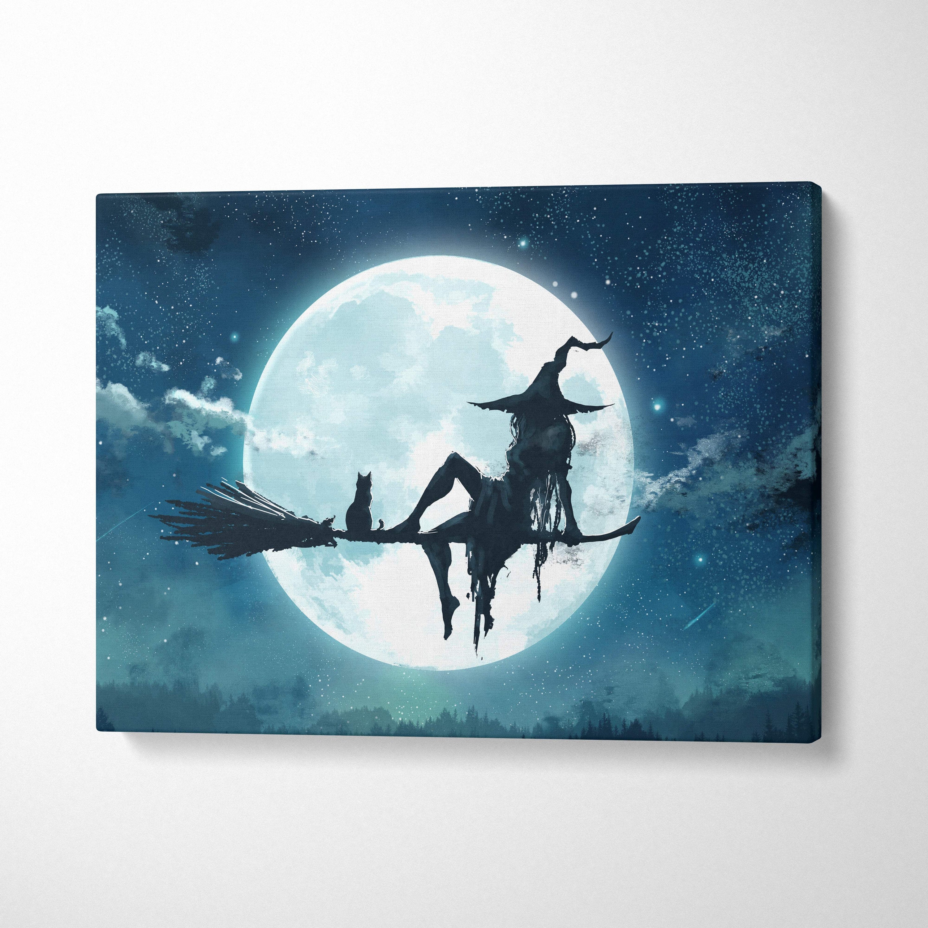Dark silhouette canvas print of witch riding broom with cat against full moon and starry night sky in blue glow