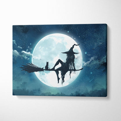 Dark silhouette canvas print of witch riding broom with cat against full moon and starry night sky in blue glow