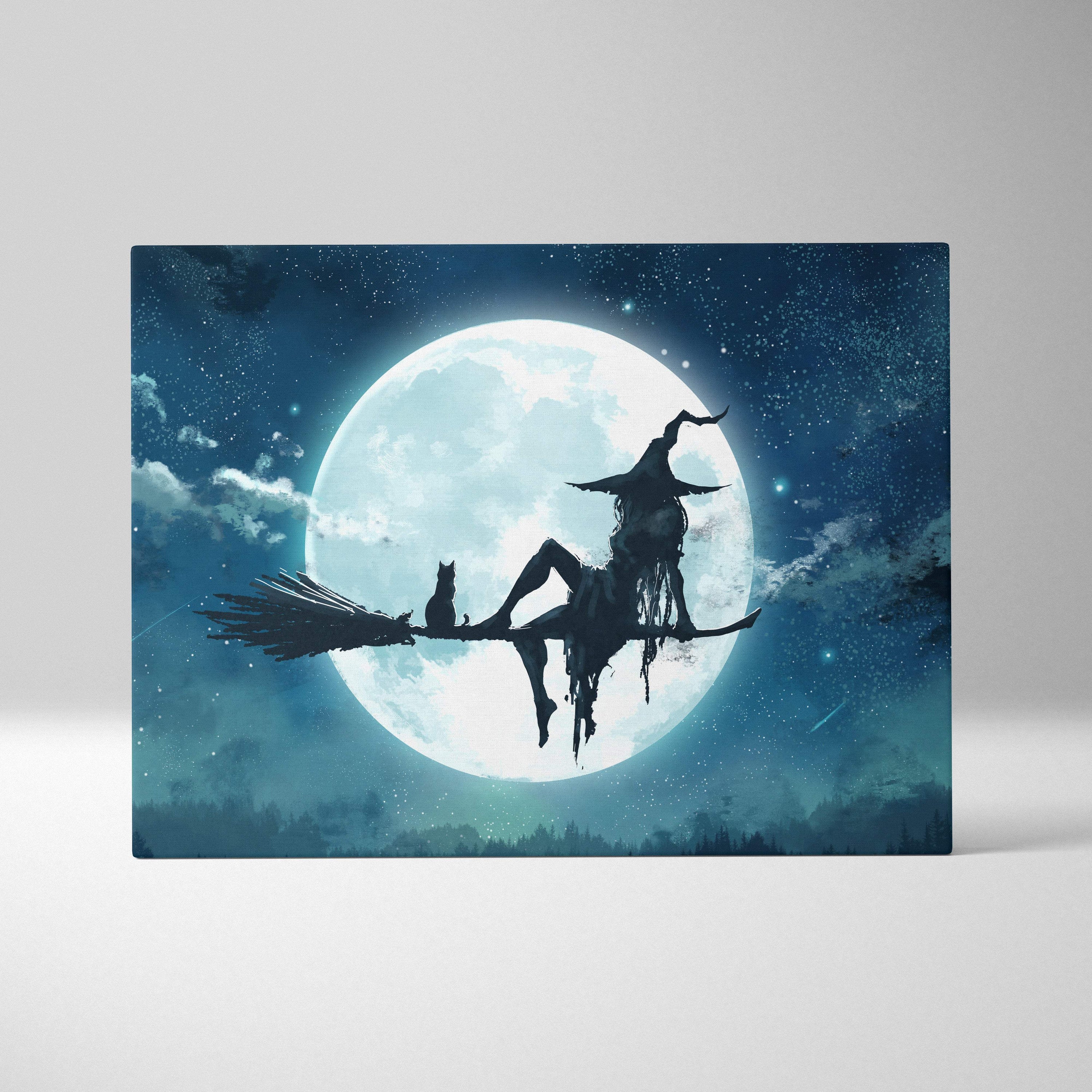 A rectangular canvas print of a witch and cat silhouette on a broomstick against a blue full moon night sky