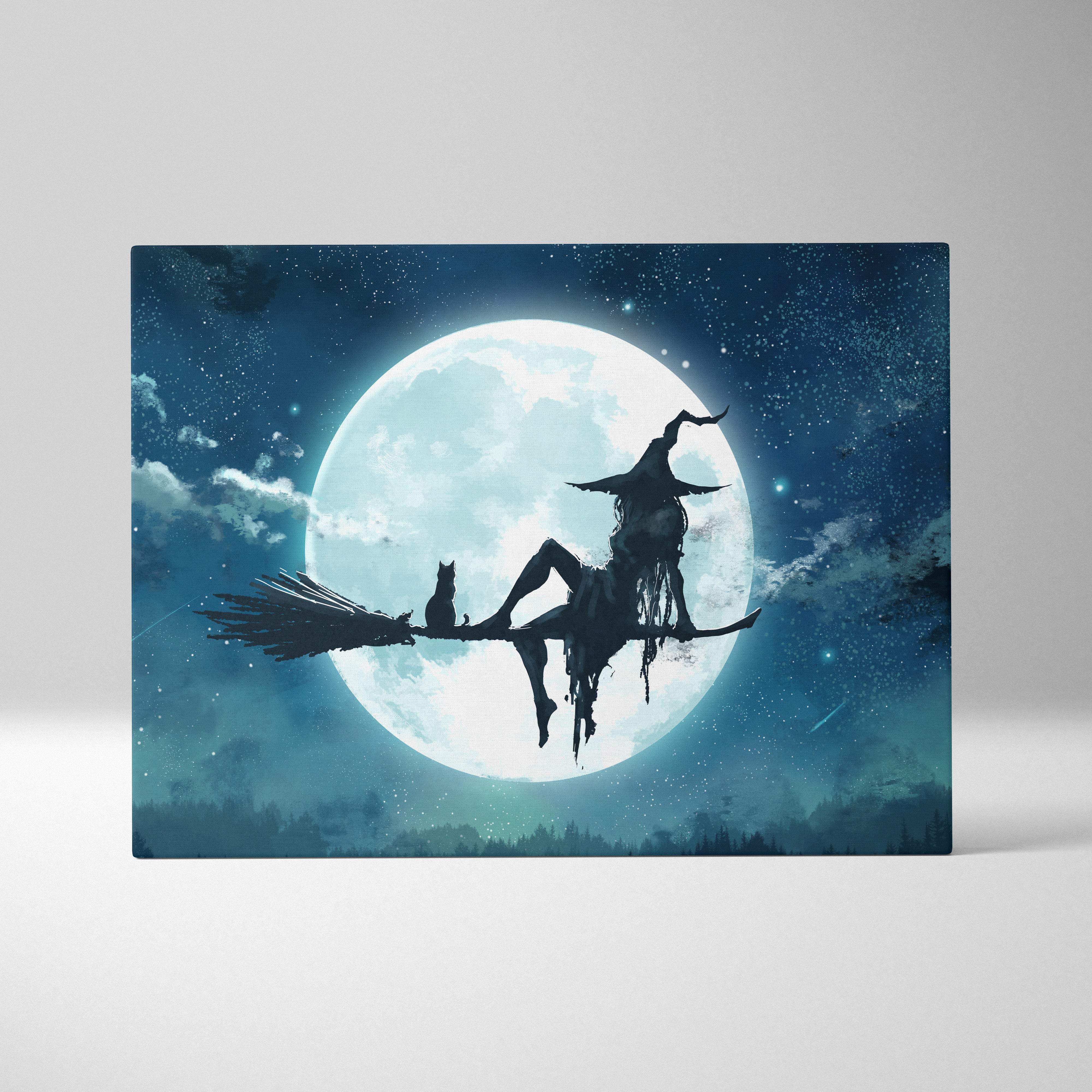 A rectangular canvas print of a witch and cat silhouette on a broomstick against a blue full moon night sky