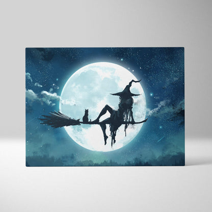 A rectangular canvas print of a witch and cat silhouette on a broomstick against a blue full moon night sky