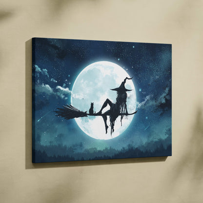 Dark silhouette canvas print of a witch and cat on a broomstick against a full moon night sky with blue mystic glow