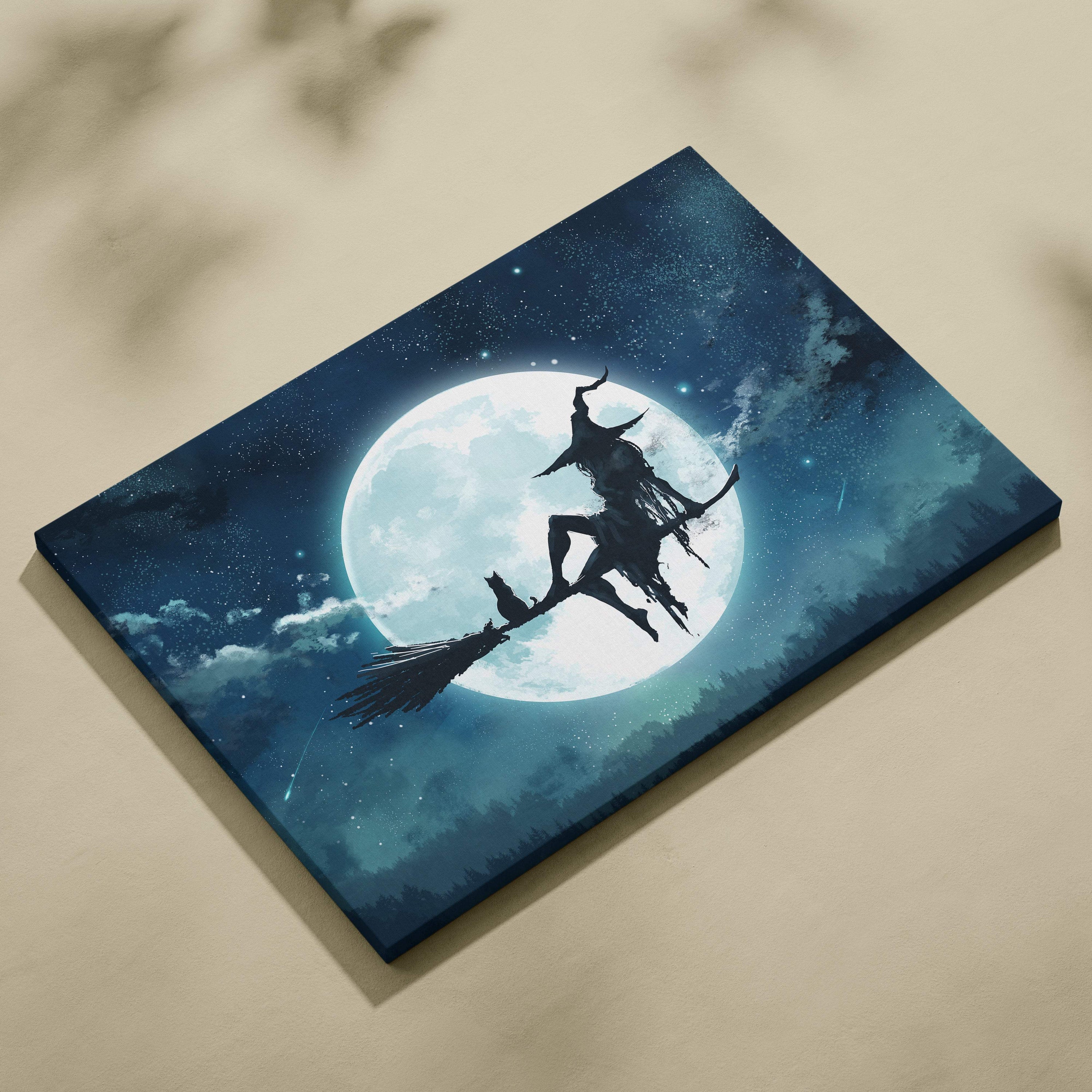 Dark blue canvas print of a witch silhouette flying on a broomstick with a cat against a full moon night sky