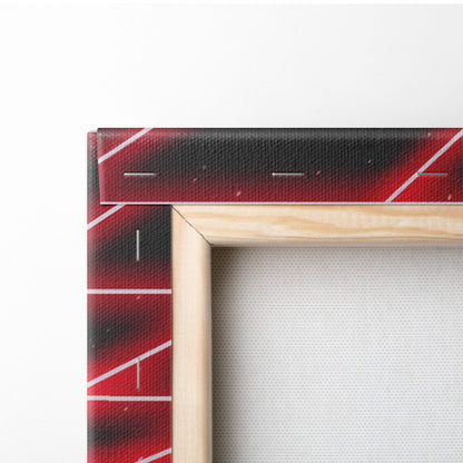 Wooden frame retrowave red neon grid tunnel canvas art with black gradient and white diagonal lines for cyber space decor