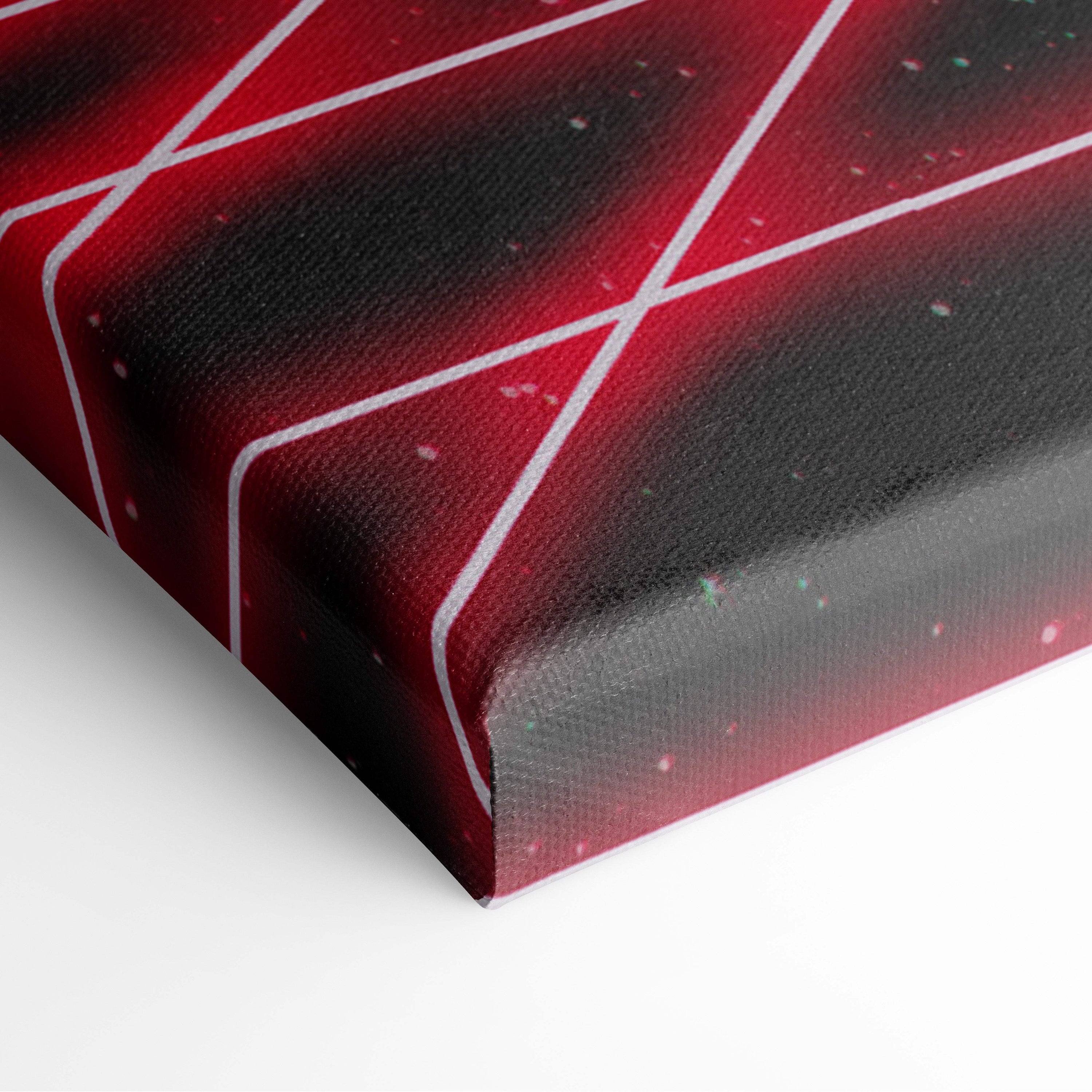 Retrowave red neon grid tunnel canvas art print with cosmic deep red and black gradients and white geometric lines