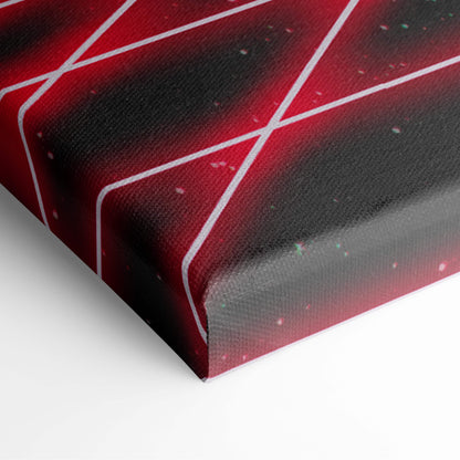 Retrowave red neon grid tunnel canvas art print with cosmic deep red and black gradients and white geometric lines