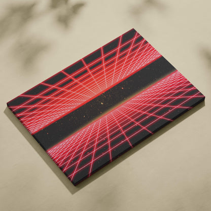 A rectangular canvas print featuring a bold red and black retro-futuristic neon grid design with glowing laser lines