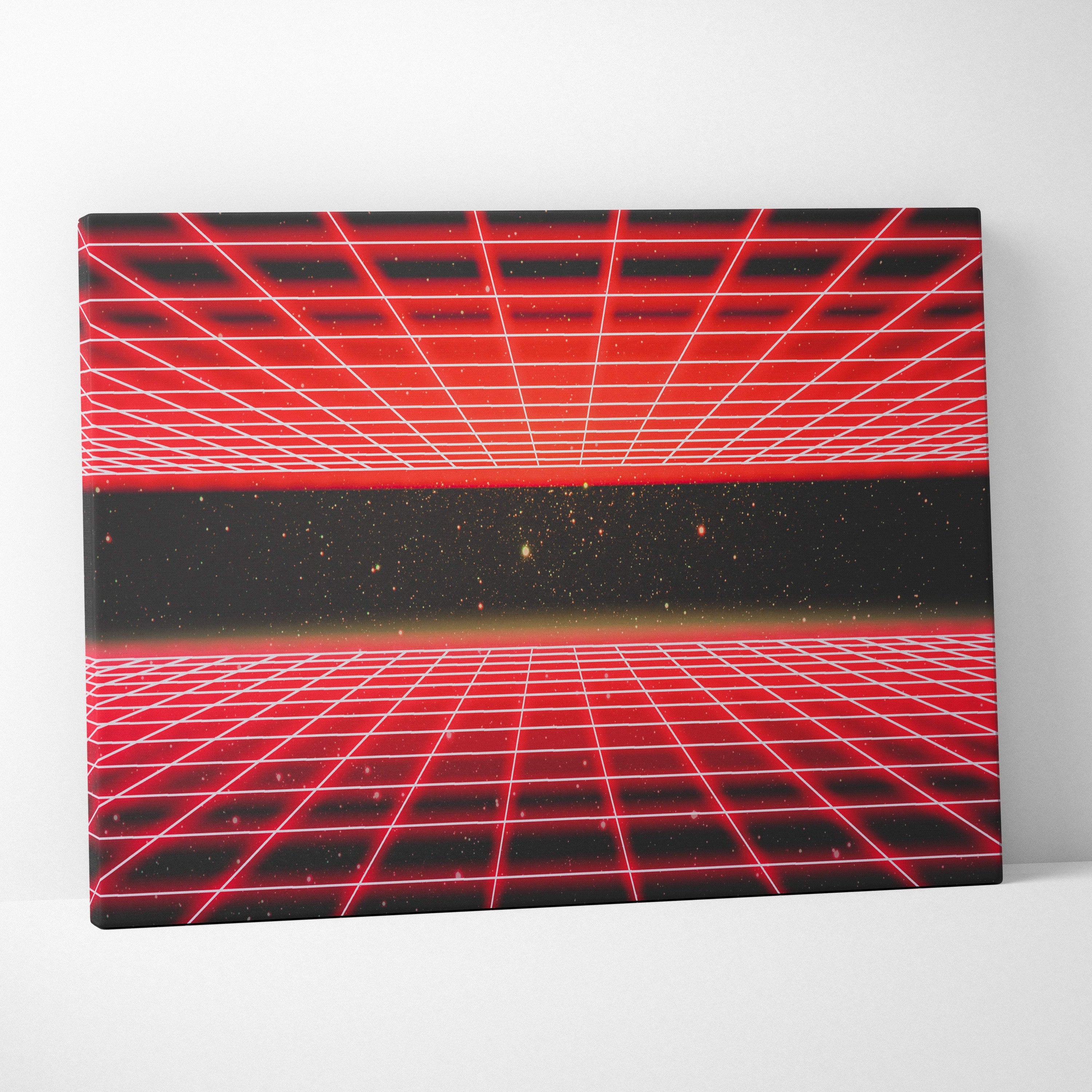 Retrowave red neon grid tunnel canvas art print with retro futuristic space scene and vaporwave cyber space design