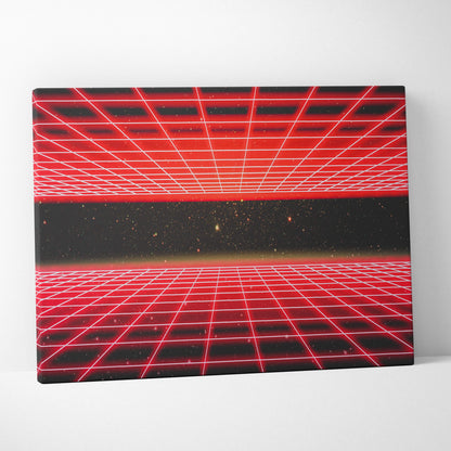 Retrowave red neon grid tunnel canvas art print with retro futuristic space scene and vaporwave cyber space design