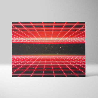 Retrowave red neon grid tunnel canvas art print featuring a vaporwave cyber space synthwave horizon with starfield glow