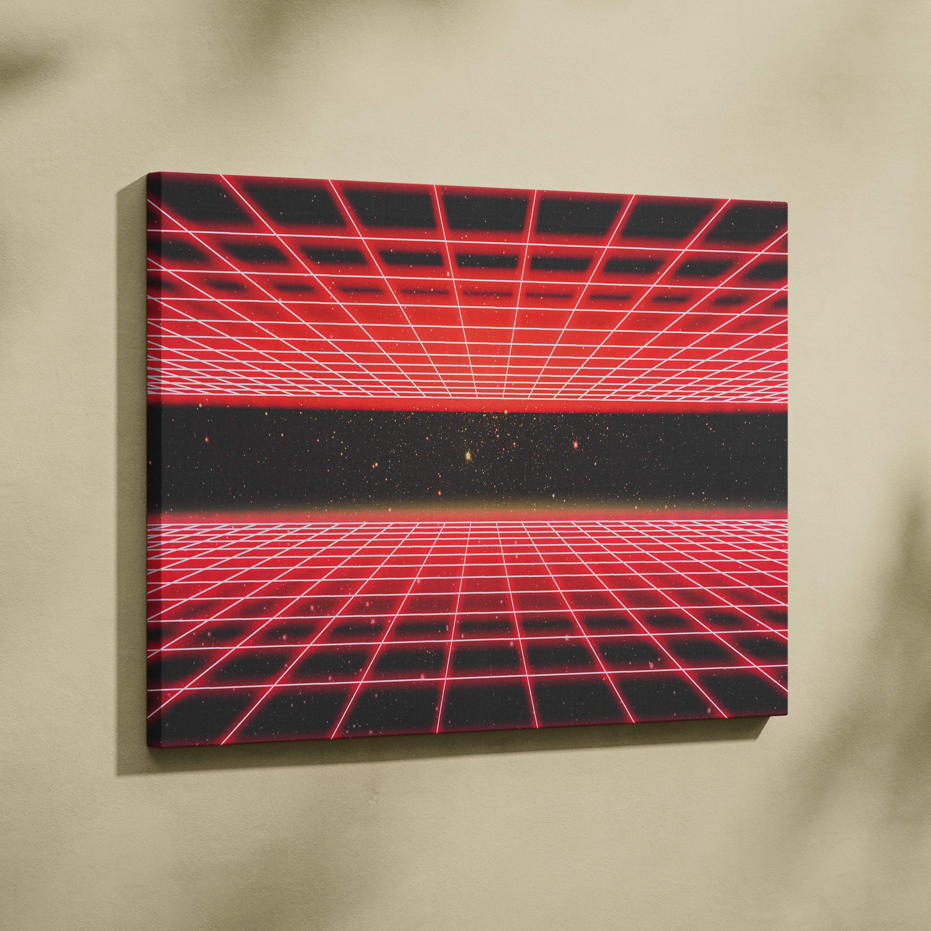 A vibrant red and black retrowave neon grid tunnel canvas art print with glowing lines and starry space backdrop