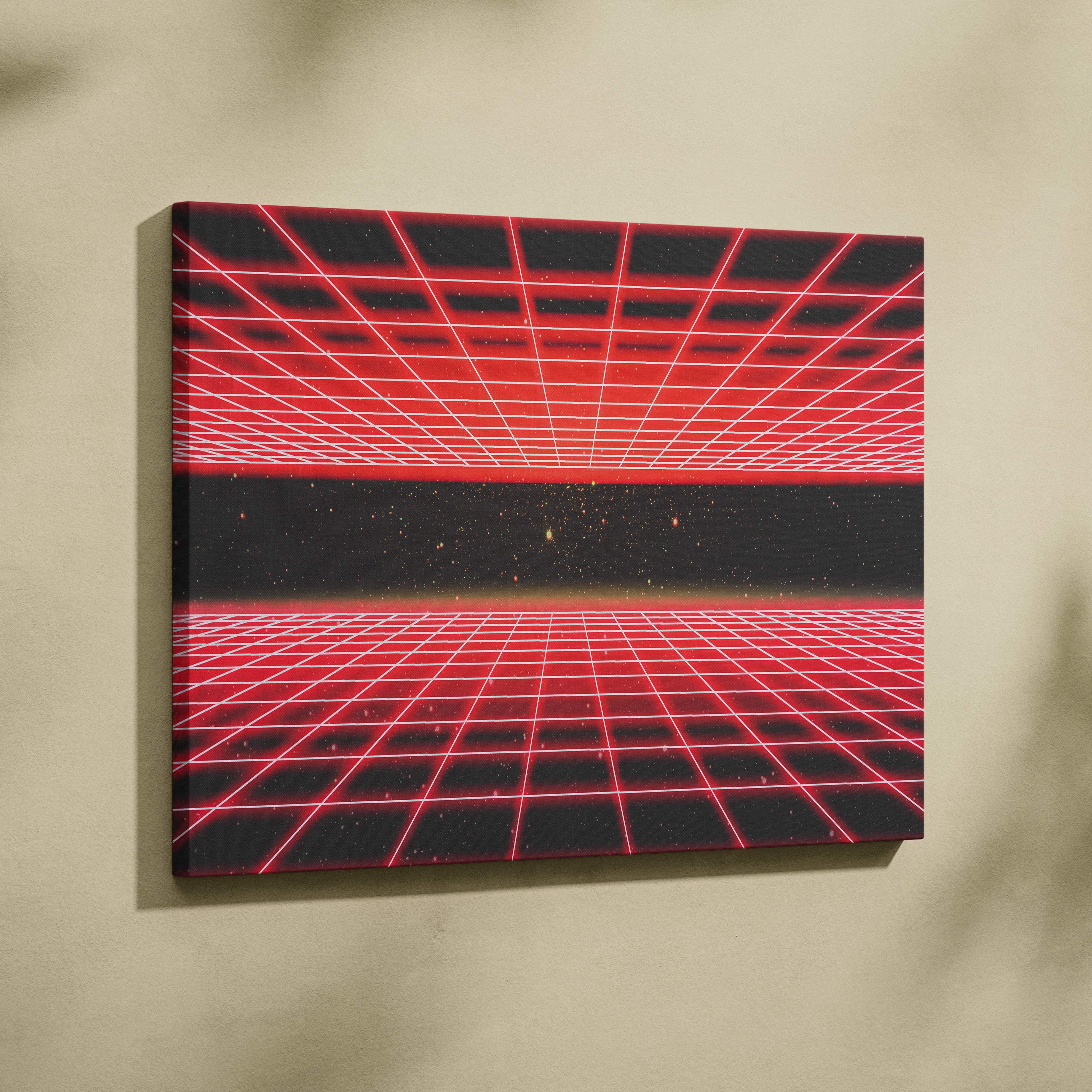 A vibrant red and black retrowave neon grid tunnel canvas art print with glowing lines and starry space backdrop