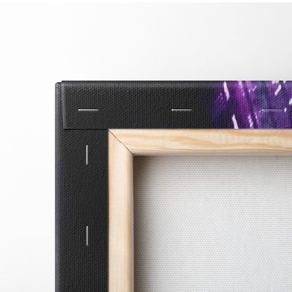 A framed wooden canvas print with black textured border featuring vibrant purple cyberpunk city runner artwork