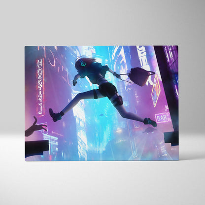 Neon-lit cyberpunk city runner canvas art featuring a dynamic anime-style girl with cat in blue purple glow