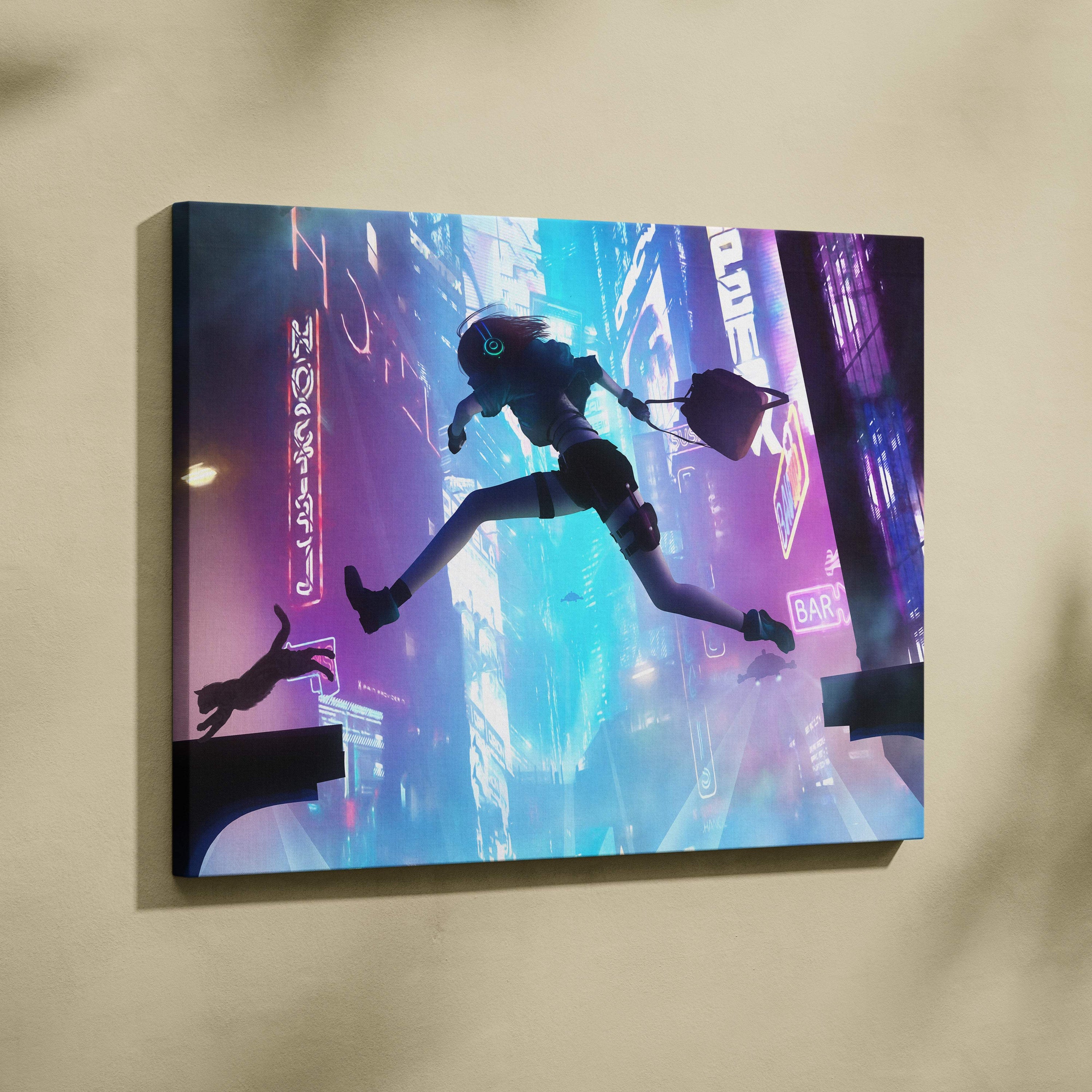 Vibrant neon-lit cyberpunk canvas art featuring a silhouette of a girl and cat against a glowing cityscape in blue purple hues