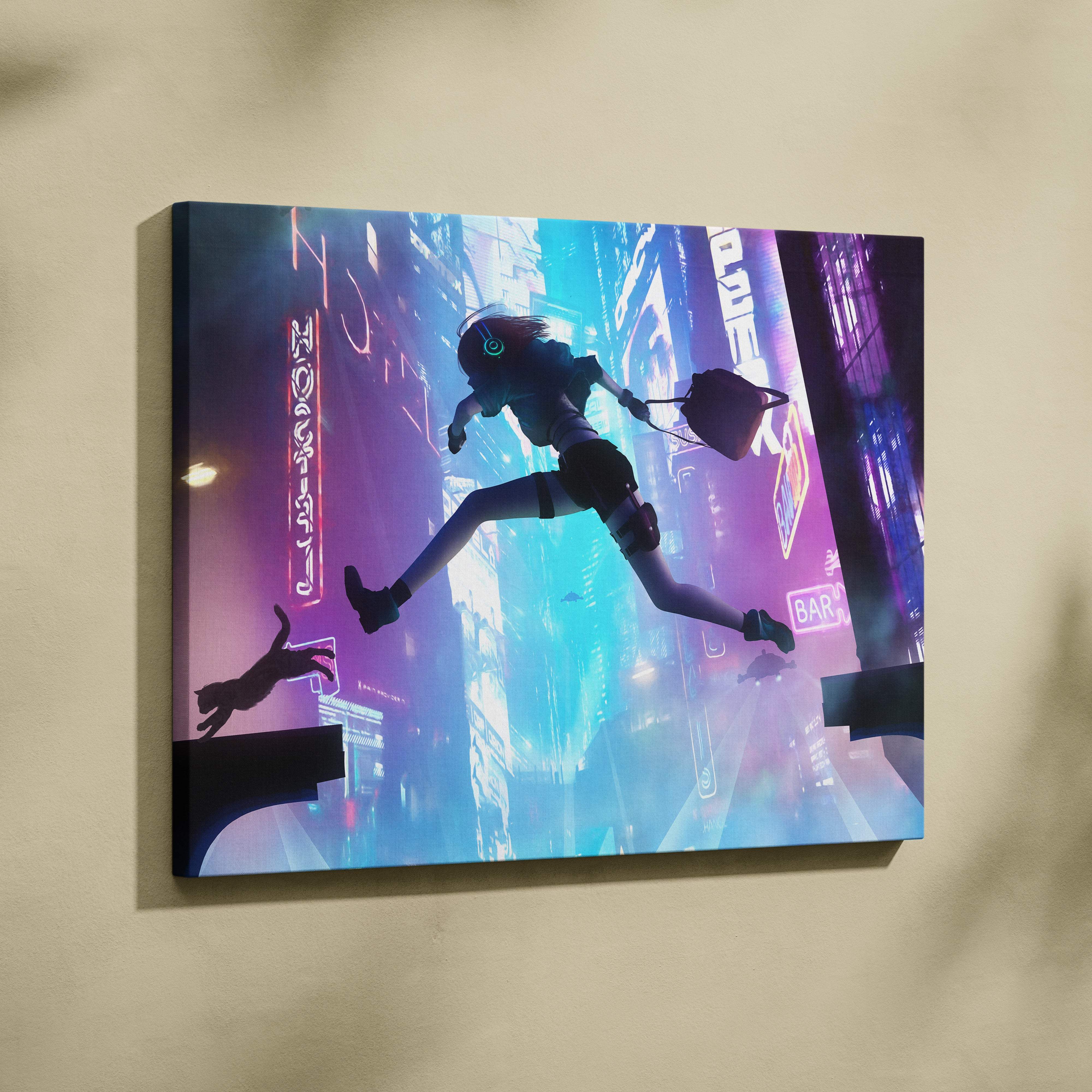 Vibrant neon-lit cyberpunk canvas art featuring a silhouette of a girl and cat against a glowing cityscape in blue purple hues