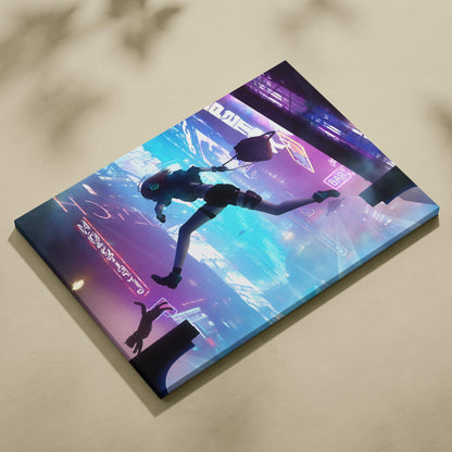 Vibrant neon-lit cyberpunk city runner canvas art featuring dynamic girl and cat in blue purple sci-fi urban glow