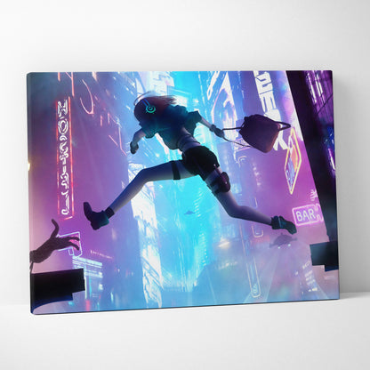 Neon-lit cyberpunk city runner canvas art with dynamic anime girl and glowing blue purple sci-fi urban fantasy signs