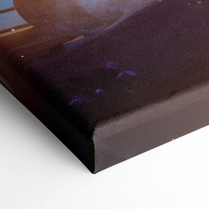 Dark brown canvas print with textured surface and subtle purple paint splatters dreamy girl reading wall art