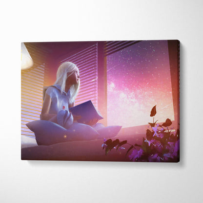 A rectangular canvas print of a white-haired woman in blue by a window gazing at a pink purple starry sky