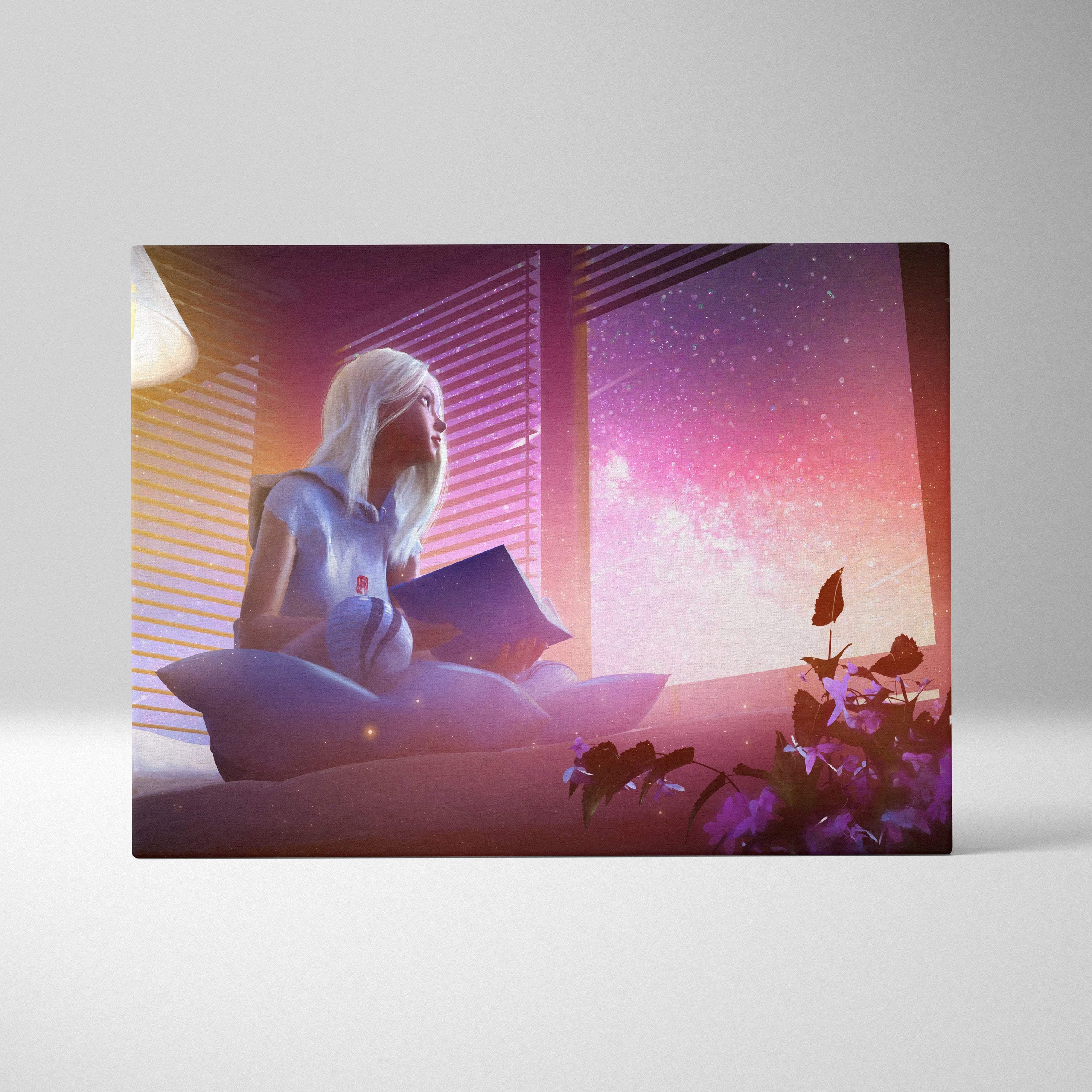 Rectangular canvas art of a white-haired woman in a blue dress by a window with a pink purple starry sky background