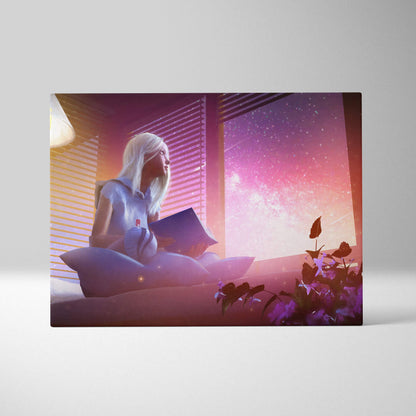 Rectangular canvas art of a white-haired woman in a blue dress by a window with a pink purple starry sky background