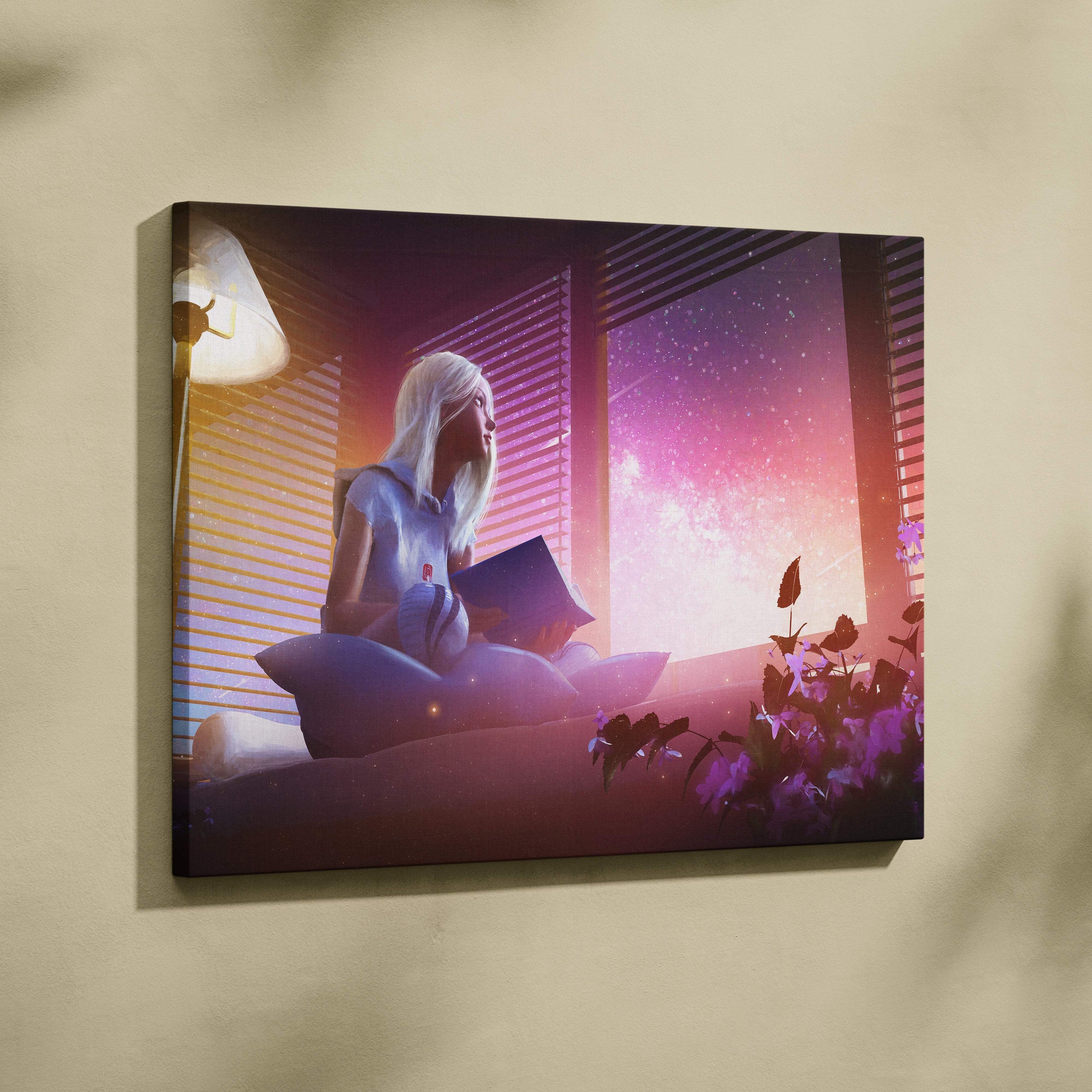 A rectangular canvas print of a dreamy girl with white hair by a window under a purple pink starry sky wall decor