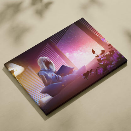 Rectangular canvas print of a dreamy girl with white hair reading by a window with pink purple sunset glow