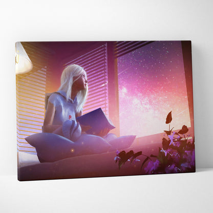 A rectangular canvas print of a white-haired woman in a blue shirt by a window with a pink purple starry sky