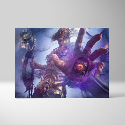 Dark sorcerer horror canvas art of a purple and gold skeletal figure with glowing orange eyes extending from its hand